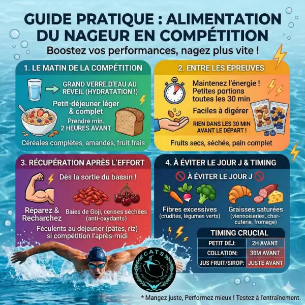 Cette infographie complète, intitulée « GUIDE PRATIQUE : ALIMENTATION DU NAGEUR EN COMPÉTITION » avec le sous-titre « Boostez vos performances, nagez plus vite ! », propose un guide nutritionnel structuré sur un fond bleu évoquant l'eau. Le guide est divisé en quatre quadrants numérotés. Le premier quadrant, en haut à gauche, concerne « LE MATIN DE LA COMPÉTITION » et conseille de boire un grand verre d'eau au réveil pour l'hydratation, suivi d'un petit-déjeuner léger et complet (céréales complètes, amandes, fruit frais) à prendre au minimum 2 heures avant l'épreuve. Le deuxième quadrant, en haut à droite, traite de l'alimentation « ENTRE LES ÉPREUVES » et recommande de maintenir l'énergie avec de petites portions faciles à digérer toutes les 30 minutes, telles que des fruits secs, des fruits séchés ou du pain complet, tout en précisant de ne rien manger dans les 30 minutes avant le départ. Le troisième quadrant, en bas à gauche, se concentre sur la « RÉCUPÉRATION APRÈS L'EFFORT », suggérant d'agir dès la sortie du bassin pour réparer et recharger l'organisme avec des aliments riches en anti-oxydants comme les baies de Goji et les cerises séchées, et de consommer des féculents au déjeuner (pâtes, riz) si la compétition continue l'après-midi. Le quatrième quadrant, en bas à droite, détaille ce qu'il faut « ÉVITER LE JOUR J & TIMING ». Il liste avec des symboles d'interdiction les aliments à proscrire : les fibres excessives (crudités, légumes verts) et les graisses saturées (viennoiseries, charcuterie, fromage). Un tableau récapitule le « TIMING CRUCIAL » : petit-déjeuner 2h avant, collation 30m avant, et jus de fruit/sirop juste avant. Au bas de l'image, un nageur émerge de l'eau à côté du logo circulaire bleu de « CATS Cercle Aquatique de Terre Sainte » et d'un conseil final : « * Mangez juste, Performez mieux ! Testez à l'entraînement.